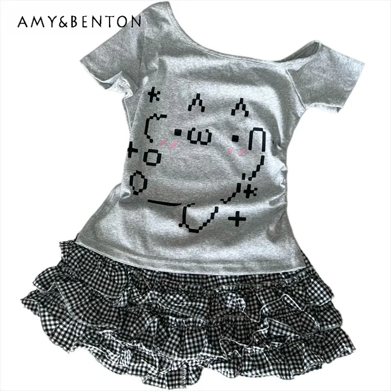 

Japanese Two-dimensional Kaomoji Printing Solid Color Subculture Slim Off-the-shoulder T-shirt with Plaid Skirt Set for Women