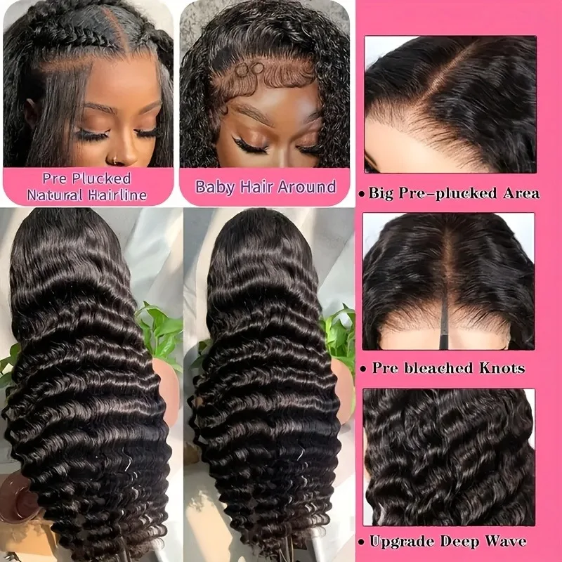 شعر مستعار بدانتيل أمامي بكثافة 200% بدون صمغ 4*4 - شعر بشري برازيلي مموج مائي، تم قطعه مسبقًا بشعر أطفال، تصميم خالٍ من العقدة