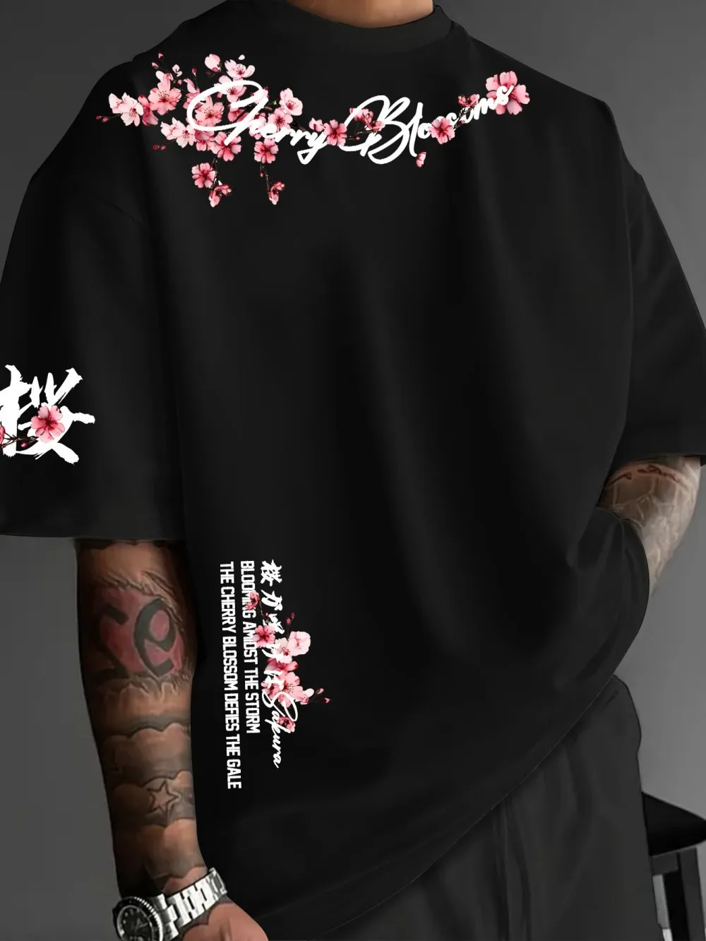 Summer American men's Gothic letter cherry blossom branch print soft and breathable round neck tshirt outdoor urban street top