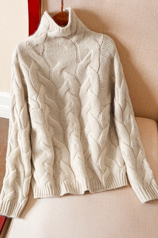 Elegant Cashmere Sueter New 100% Cashmere Sweater Women\'s Cable-Knit Turtleneck Loose Thickened Jumper Cardigan Winter Tops