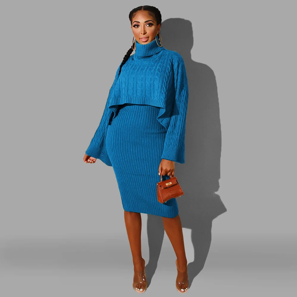 Two Piece Set Women Outfit 2023 Spring Fashion Solid High Neck Long Sleeve Ribbed Sweater & Thin Strap Casual Midi Dress Sets