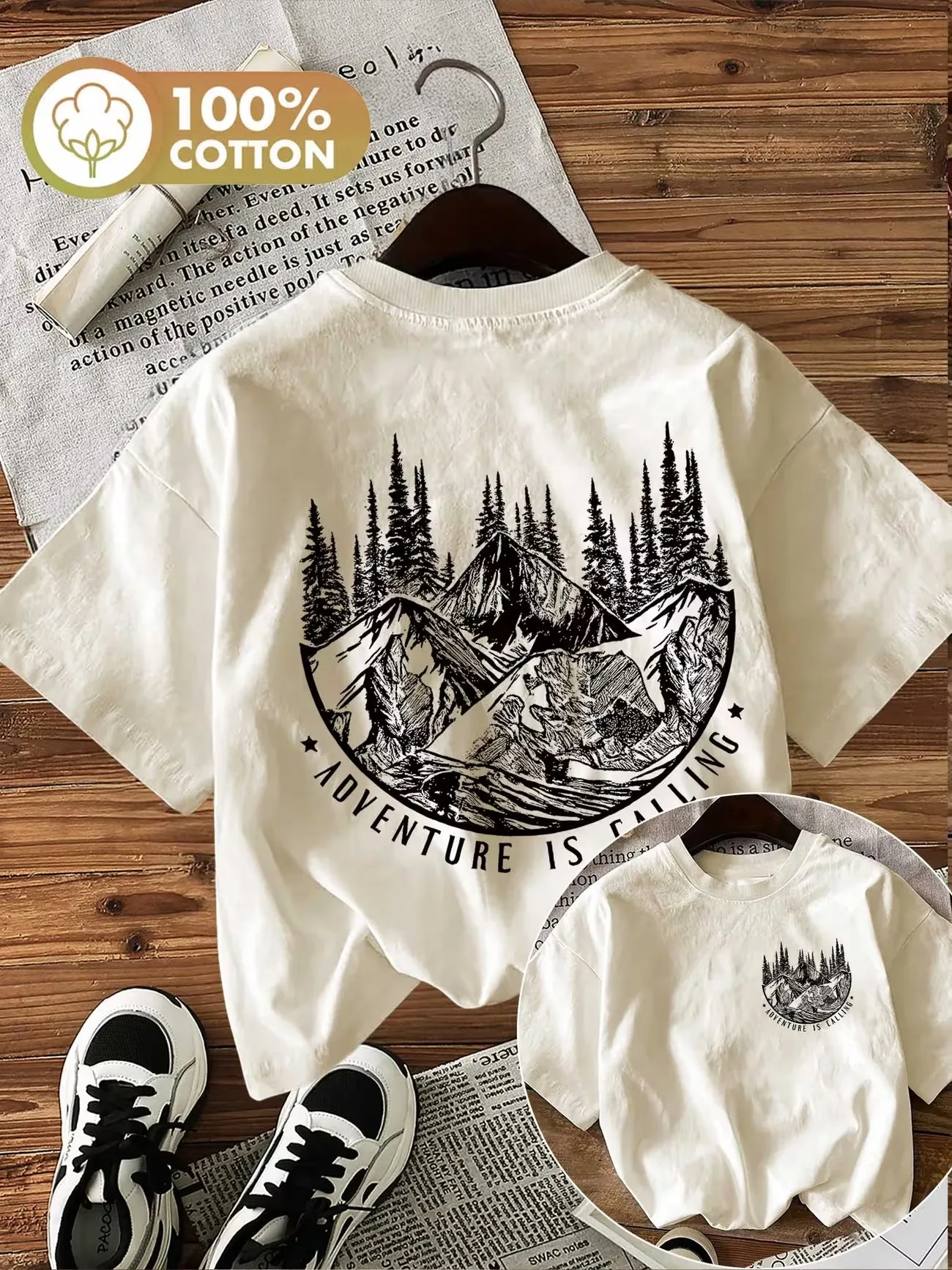 Adventure Is Calling Mountain Forest Baumwoll-T-Shirt für Damen mit Retro-Print, weiches Rundhals-Kurzarm-Oberteil, Vintage-Shirt mit Grafik – Detail 4