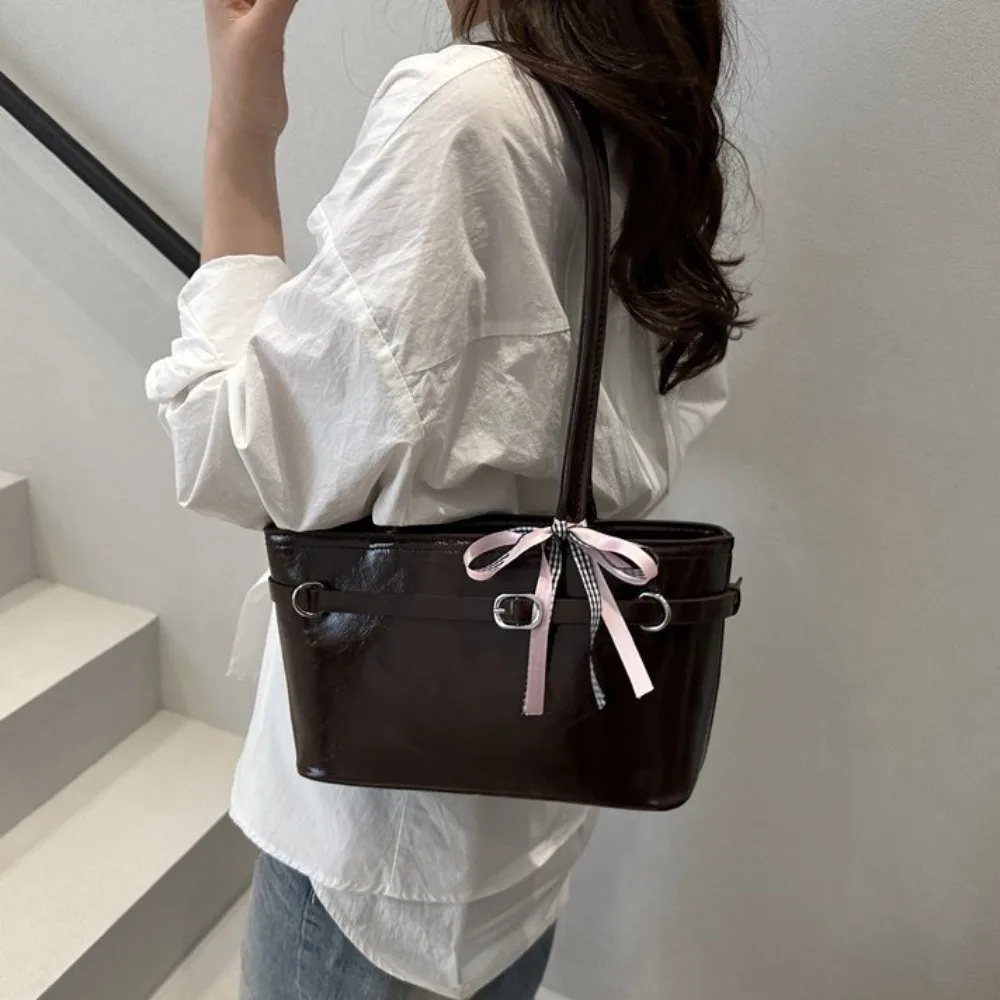 Sweet PU Leather Bow Ribbon Shoulder Bag Korean Style Y2K French Stick Underarm Bag Zipper Leisure Women Handbag Women 2