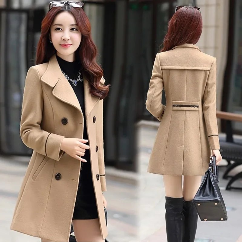 Women New Double-breasted Mock Wool Coats Autumn Winter Slim Solid Colors Blends Coats Fashion Warm Trench Office Lady Jackets