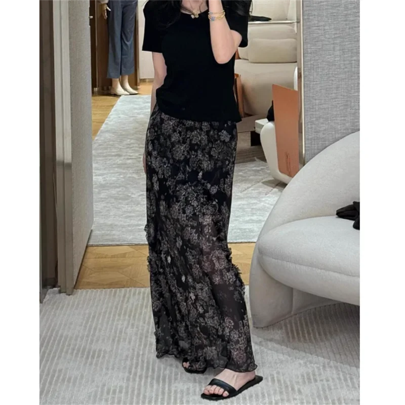 ฤดูร้อนใหม่กระโปรงชีฟองผู้หญิงแฟชั่นดอกไม้พิมพ์ Elastic High เอว Ruffles A-Line กระโปรงลําลอง Retro วันหยุดชายหาด Jupe