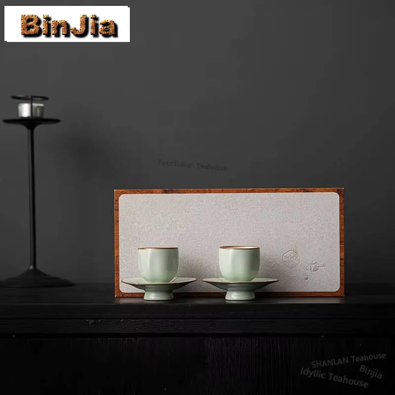 

2 шт./компл. Ru Kiln Azure Tea Cup Set Zen Ceramic Master Cup Маленькая дегустационная чайная чаша Блюдце Набор Чайная пара Чайная церемония Подарочная коробка