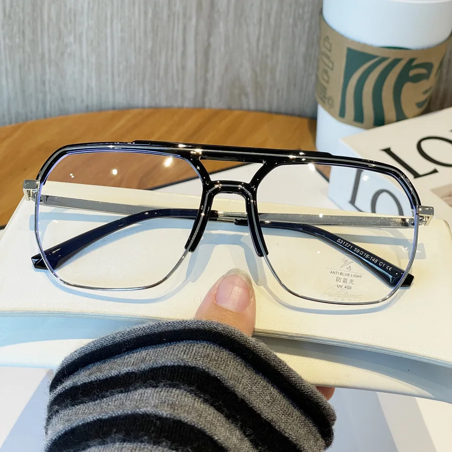 

Oversized Myopia Glasses Women Men Vintage Large Double Beam Anti Blue Light Reading Glasses Male Metal Prescription Eyeglasses