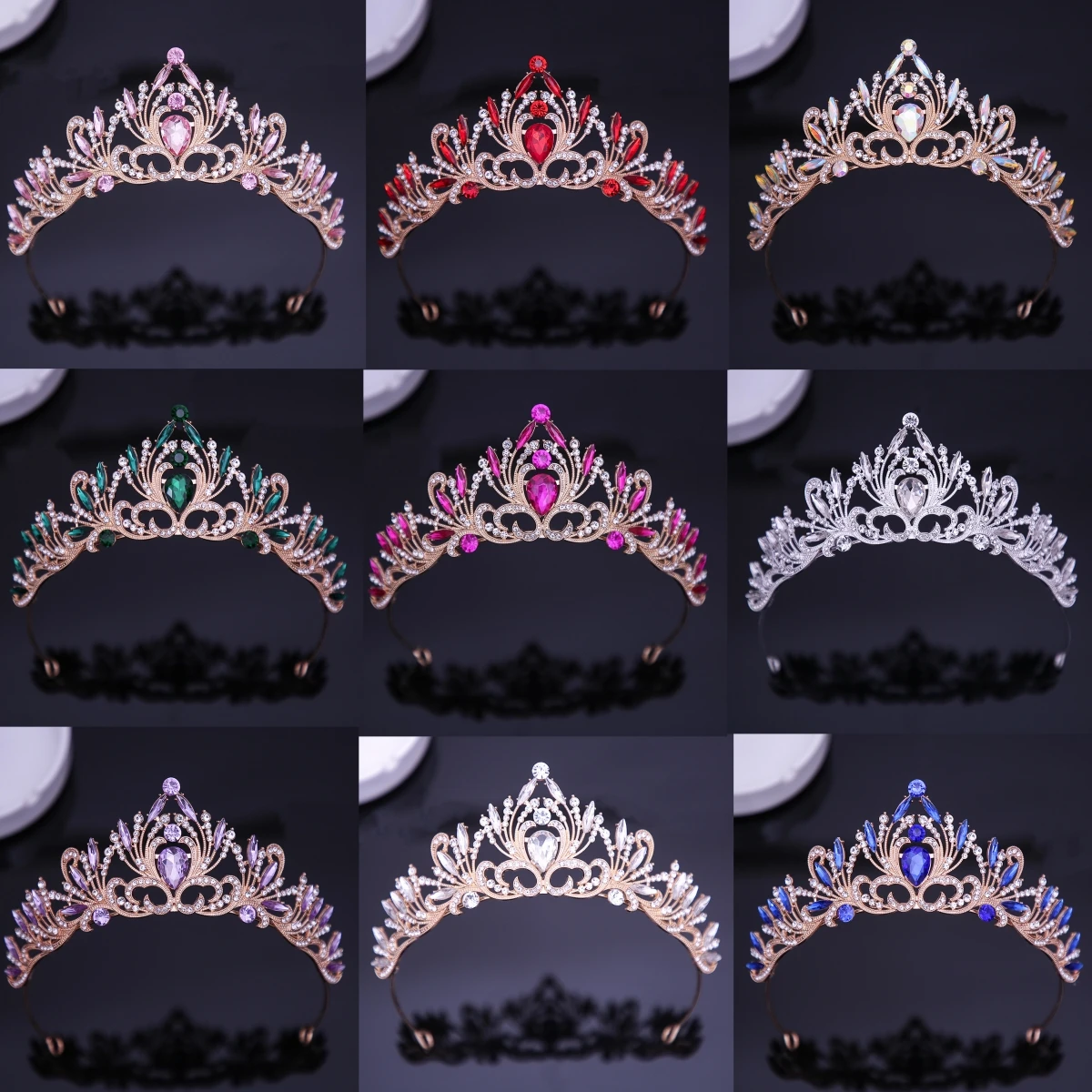 DIEZI Elegant Korean AB Pink Red Crystal Tiara Crown Women Girls Party Wedding Princess Rhinestone Bridal Crown Hair Jewelry