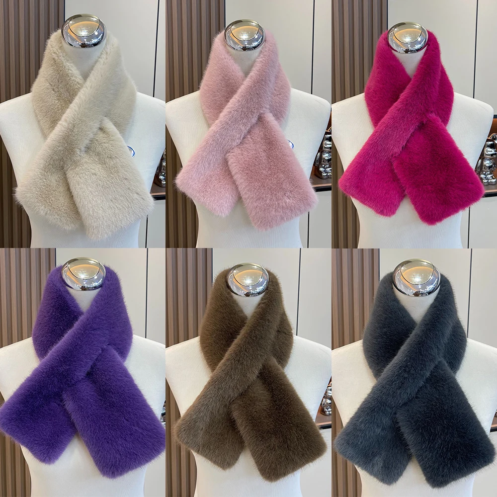 Plush Cross Women\'s Scarf Winter Thickened Soft Furry Neck Warmer Cute Solid Color Faux Rabbit Fur Scarf Women Collar Scarf New