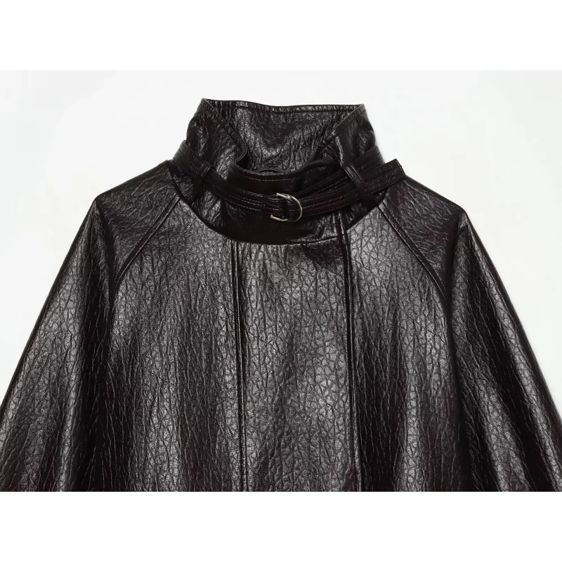 2026 Winter Neue Damen Rollkragen PU-Lederjacke Locker Geschnitten mit Gürtel Warme Schicke Streetwear Damen Reise-Oberbekleidung Jacke – Detail 4