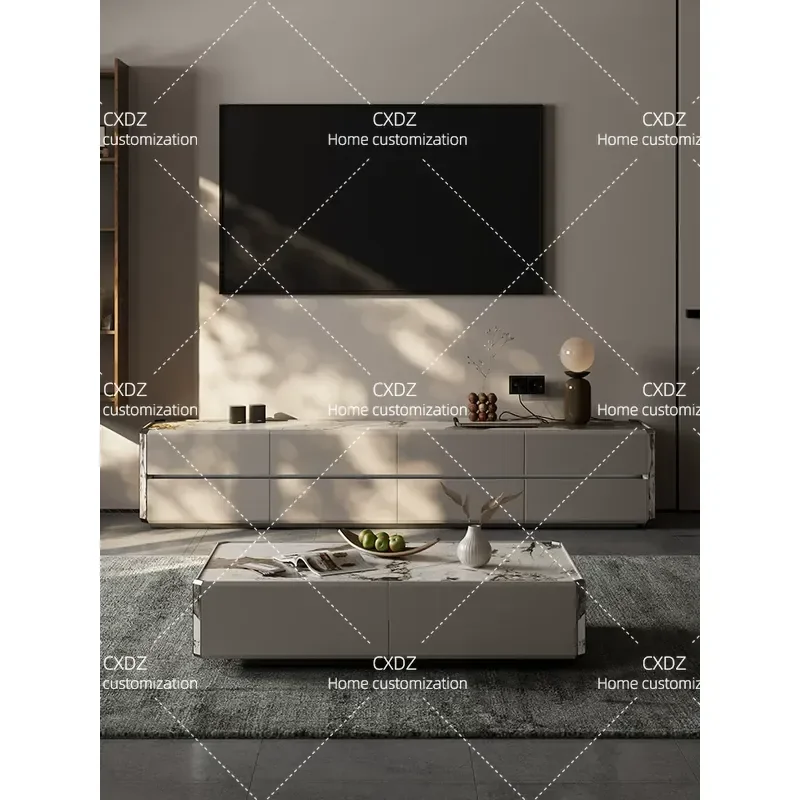 Rock Slab TV Cabinet Light Luxury High End Saddle Leather Sticker Living Room Home Floor Standing Media Console Storage Unit