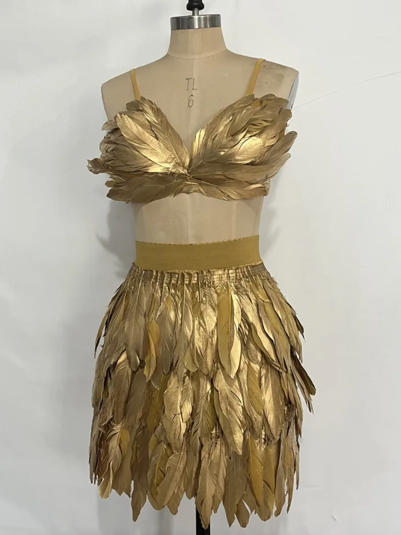 

Customized Womens Golden Feather Bra Top Feather Skirt Set Birthday Party Performance Singer Dancer Stage Costume Rave Outfit