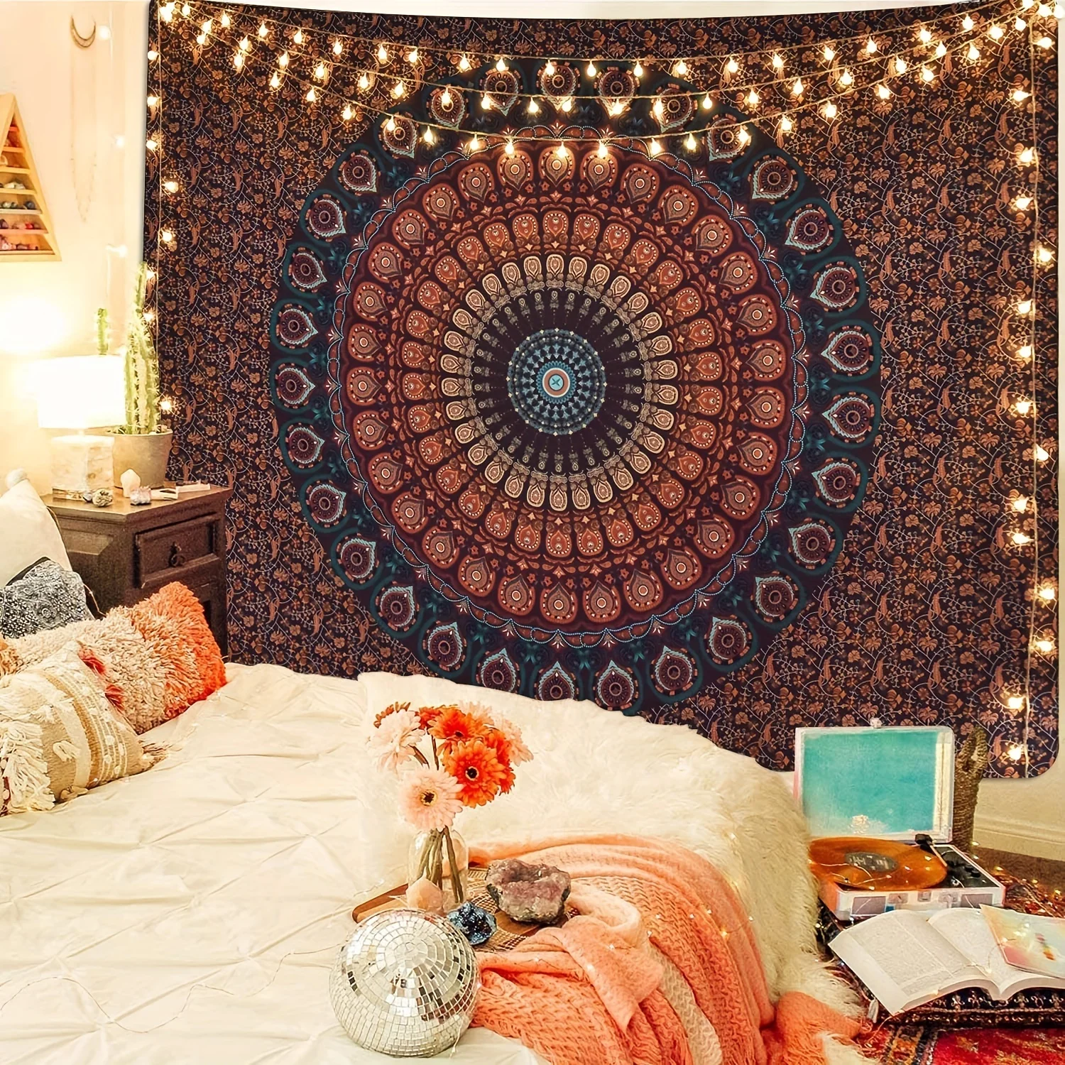Bohemian Mandala Tapestry Wall Hanging - Peach Light Beige Fabric, Vibrant Red Blue Orange Purple Golden