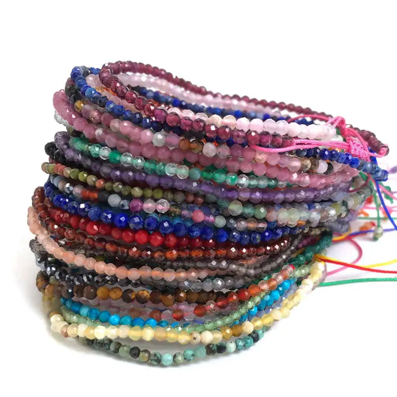 Natural 2-3MM Faceted Stone Beads Adjustable hand woven Bracelets Crystal tourmaline agate For Women Men Charm Cute Jewelry Gift