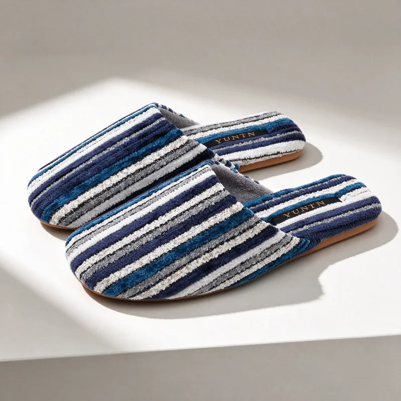 Retro Striped Plush Home Slippers Women Fashion Round-toe Warm Non-slip Indoor Shoes for Ladies Comfortable Light Mules Slippers