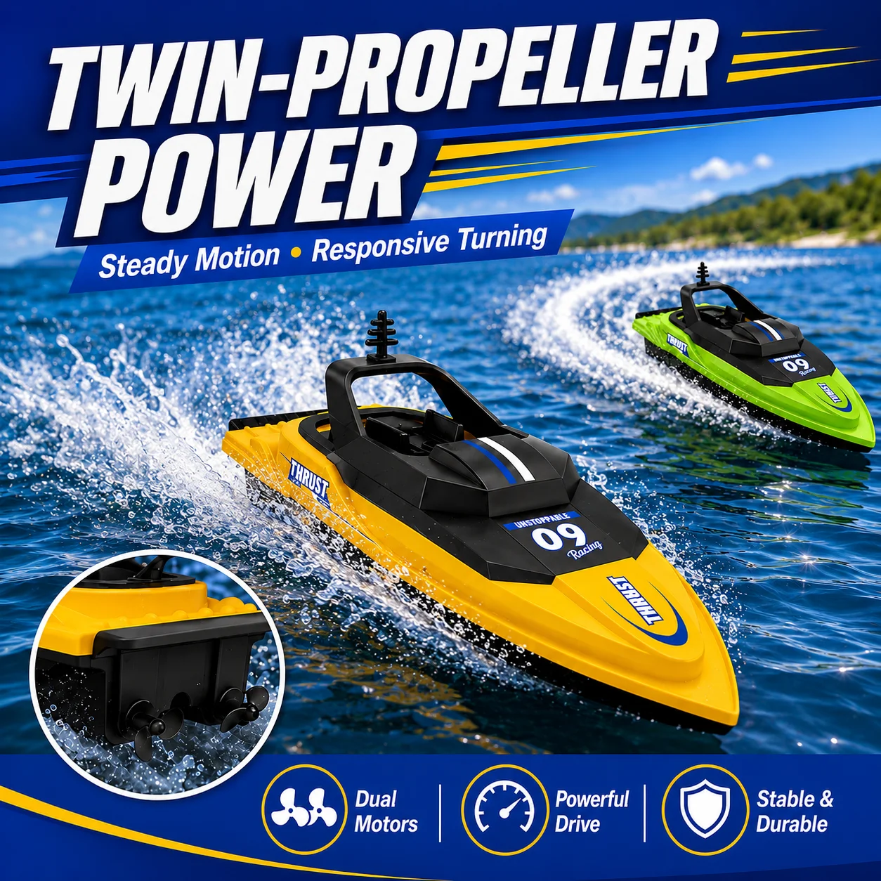2.4G RC Boat High Speed Remote Control Boat Waterproof Dual Motor Racing Speedboat for Kids Boys Pool Lake Outdoor Water Toy