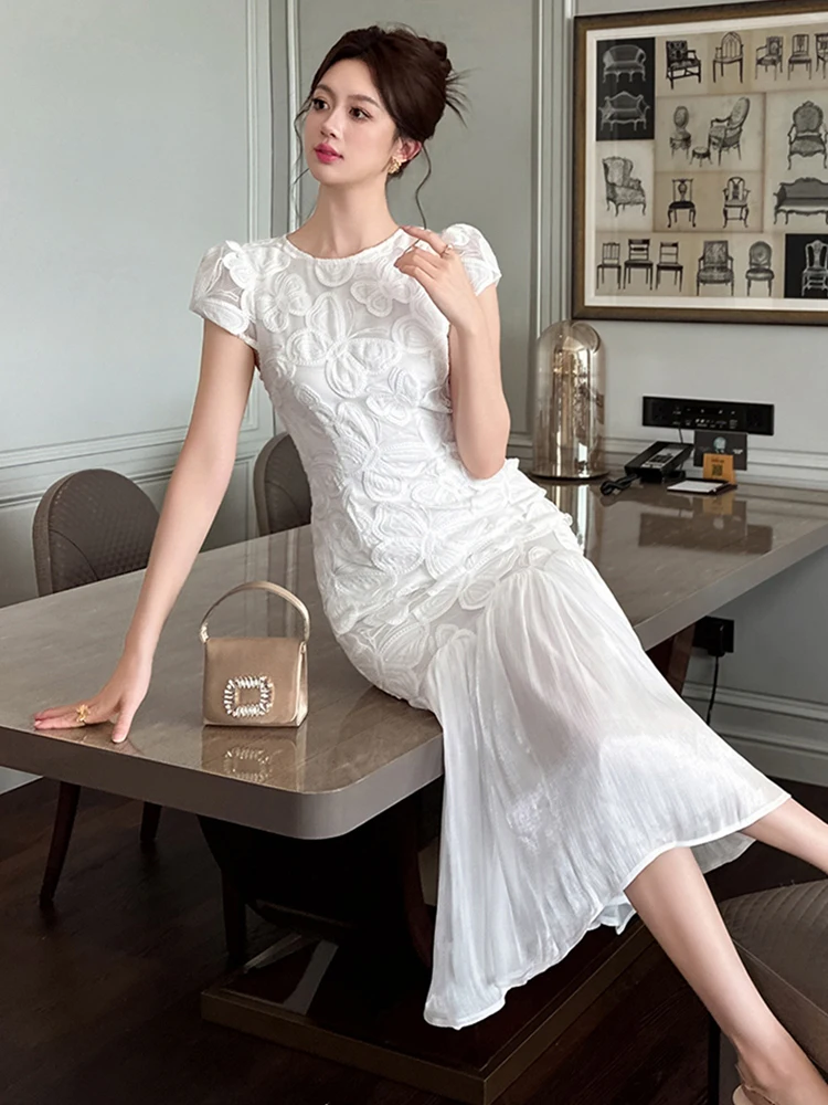 Roupas femininas noite renda branca bordado o pescoço fino fishtail vestido longo elegante senhora moda festa de aniversário robe novo