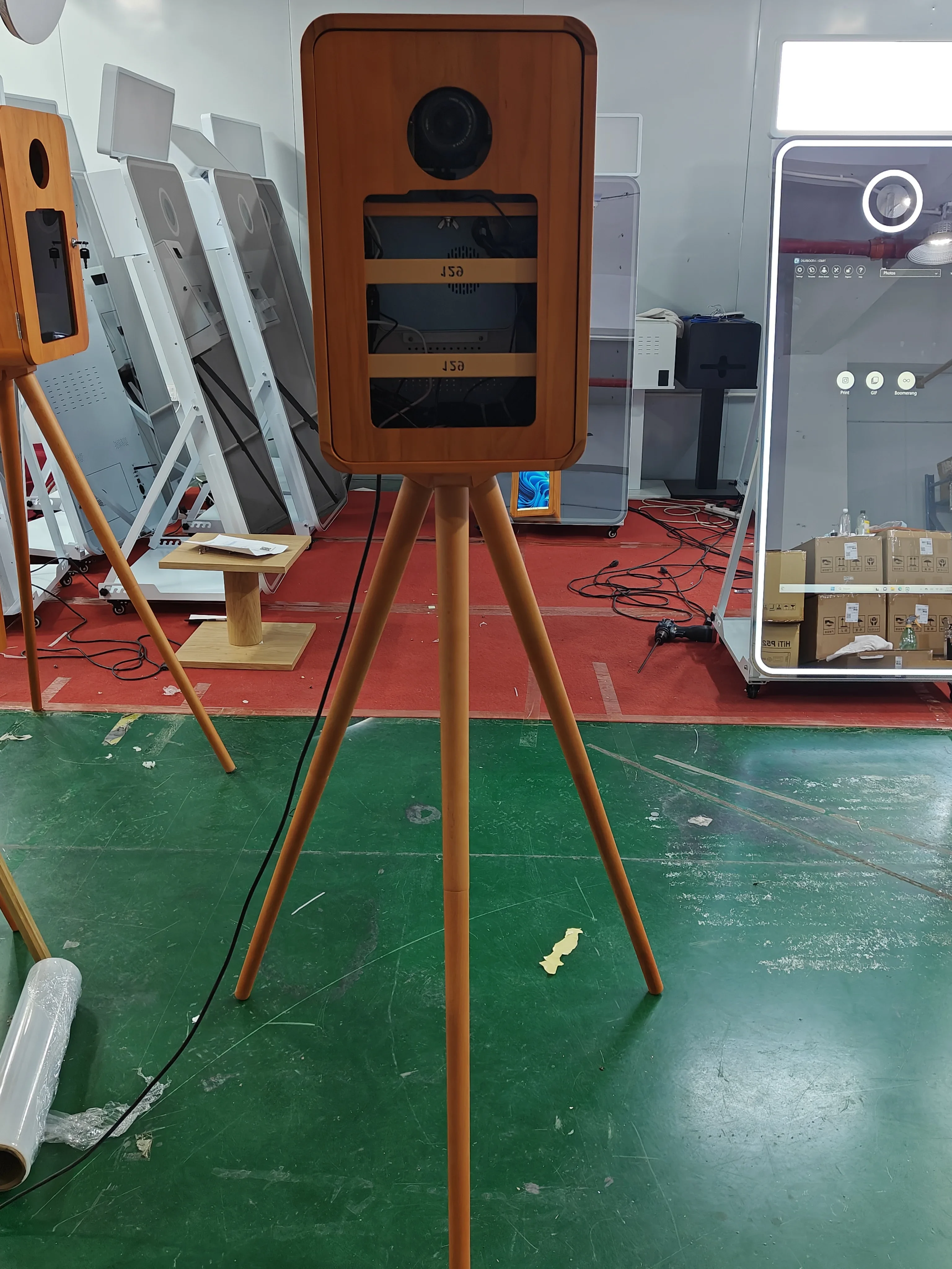 Double-Sided Retro Wooden Photo Booth with Touch Screen Printer Stand Compatible with DSLR Cameras and IPad Flash Stand
