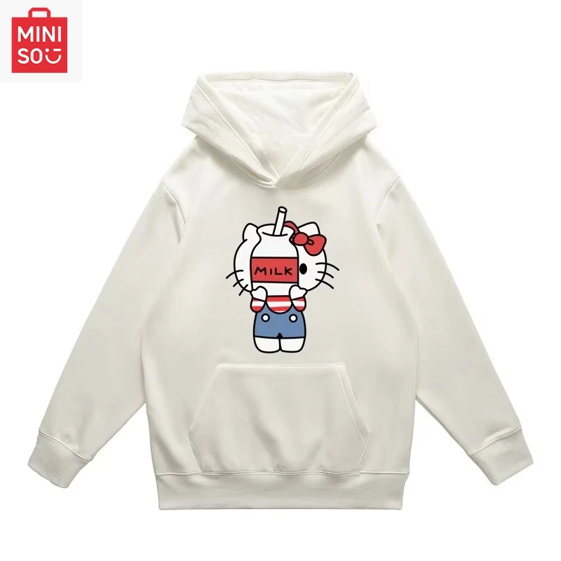 

MINISO collaborates with Sanrio Hello Kitty print hoodie, loose cartoon, multi-functional, casual and cute campus girl
