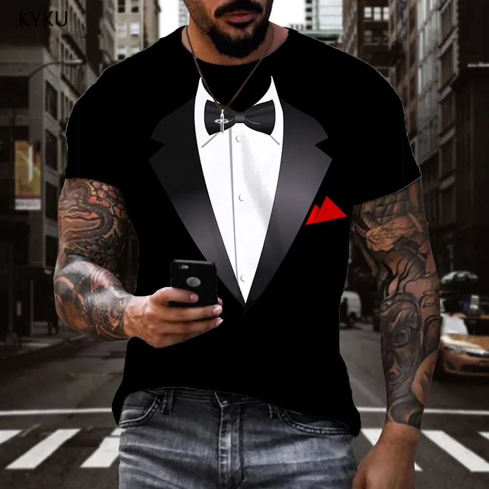 3d T-Shirt Bow Tie Short Sleeve Men Tuxedo Tops Casual Retro Print Fake Suit T-Shirt 3d Funny T-Shirt Fashion Men