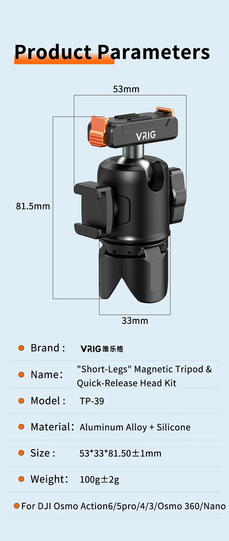 VRIG TP-39 Magnetisches Stativ Schnellverschluss 100g Aluminium für DJI Osmo 360 Nano Action 6 5 Pro 4 3 Pocket 3 GoPro Vlog Cold Shoe – Detail 8