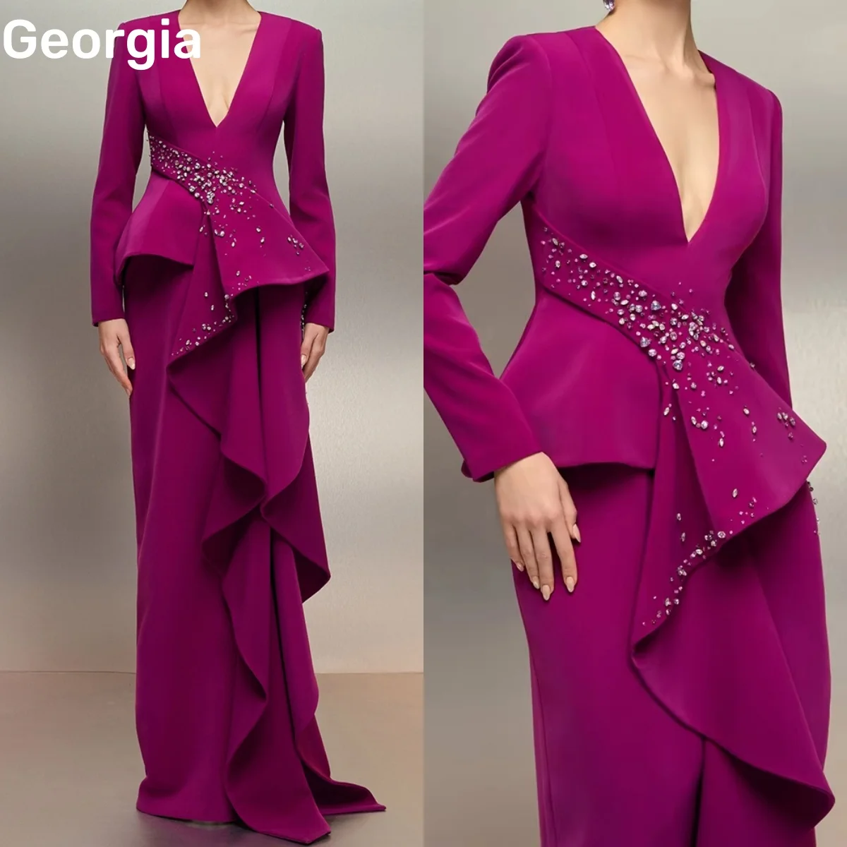 

Women'S Evening Dresses Customize A-Line Deep V-Neck Formal Occasion Dresses Floor-Length Zipper Up Long Sleeves Dresses