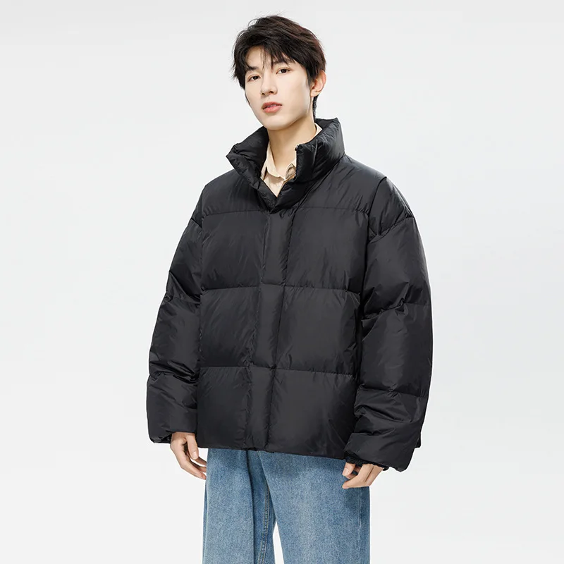 

AJHL Men's White Duck Down Down Jacket Thick And Warm Loose Fitting Bread Jacket Short Standing Collar Winter Windproof Jacket