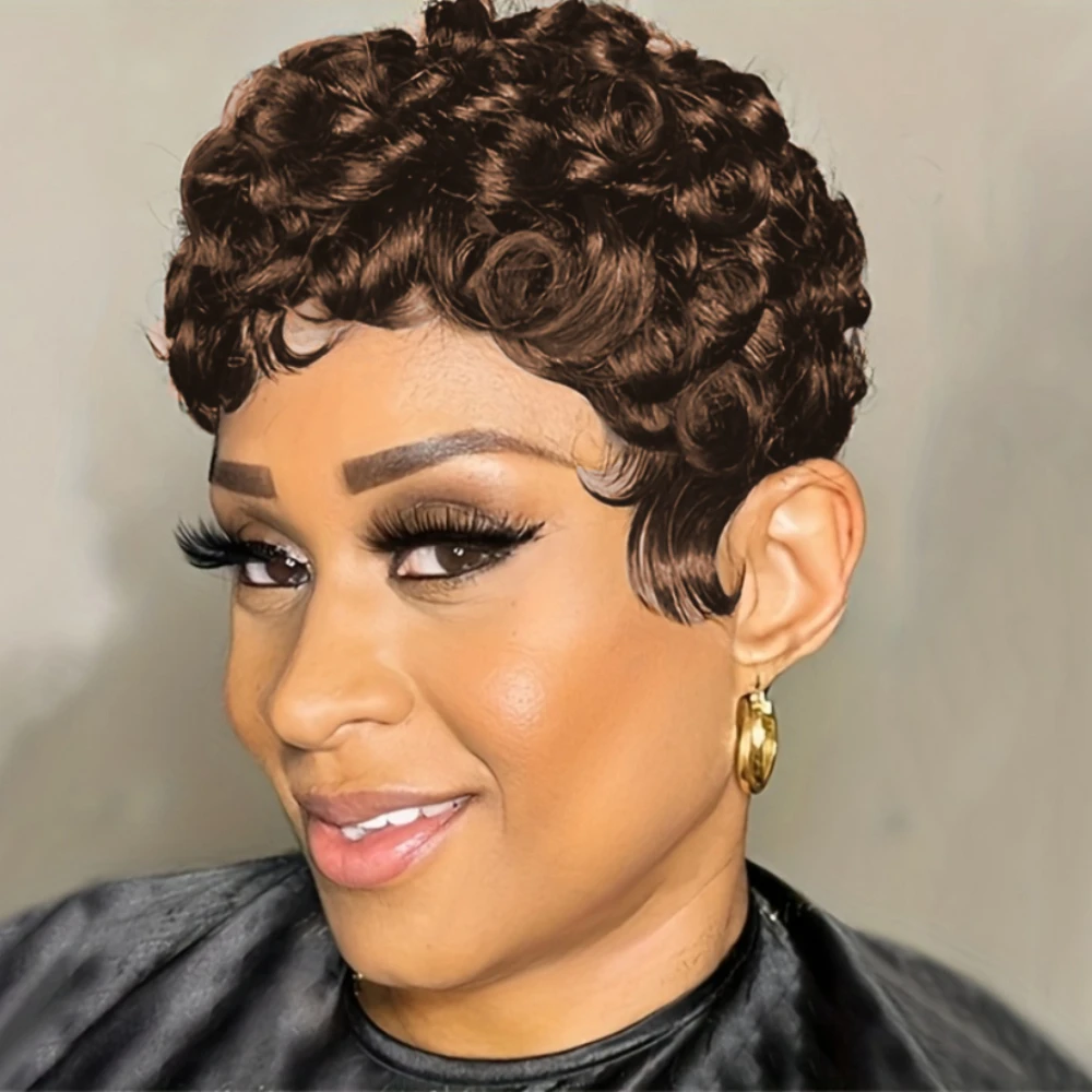 

Короткая стрижка пикси, вьющиеся волны, парик из натуральных волос, волосы Реми, парики из натуральных волос с челкой, полный парик машинного производства