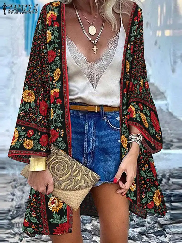 Vintage Open Front Holiday Shirt ZANZEA Bohemian Summer Women Floral Printed Long Sleeve Blouse Kimono Tunic Tops Beach Cardigan