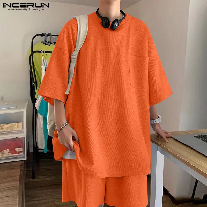

INCERUN 2025 Korean Style New Men's Sets Medium Sleeved T-shirts Shorts Casual Simple Loose O-neck Texture Two-piece Sets S-5XL
