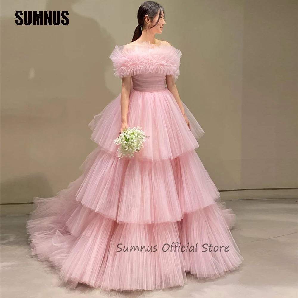 

SUMNUS Gorgeous Pink Tiered Pleats Tulle Prom Evening Dresses Wedding Photoshoot Korea Off Shoulder Princess Layered Party Gowns