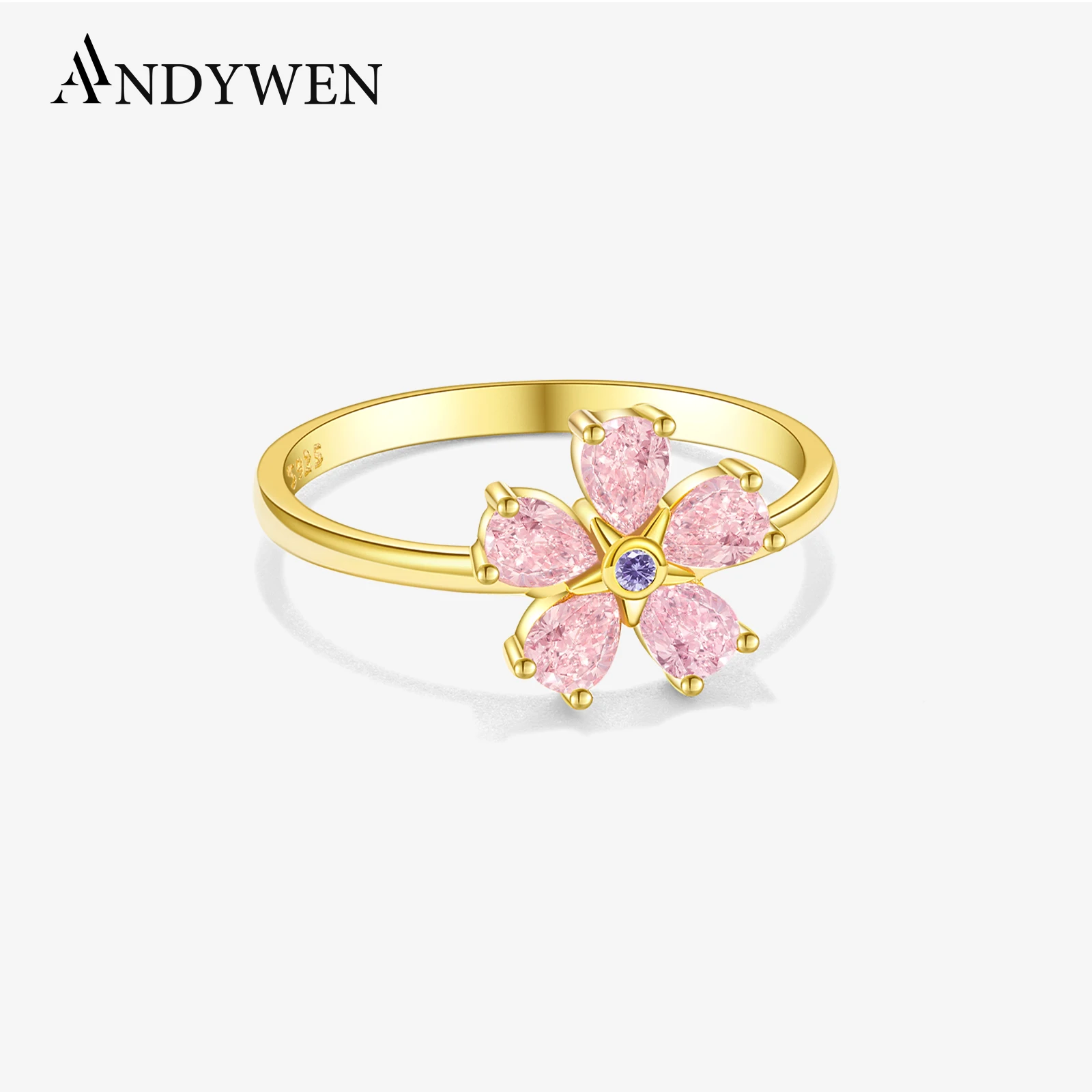 

ANDYWEN 925 Sterling Silver Pink Pear Shape Zircon Flower Ring Women 2024 Trendy Luxury Dainty Birthday Anniversary Gift Jewelry