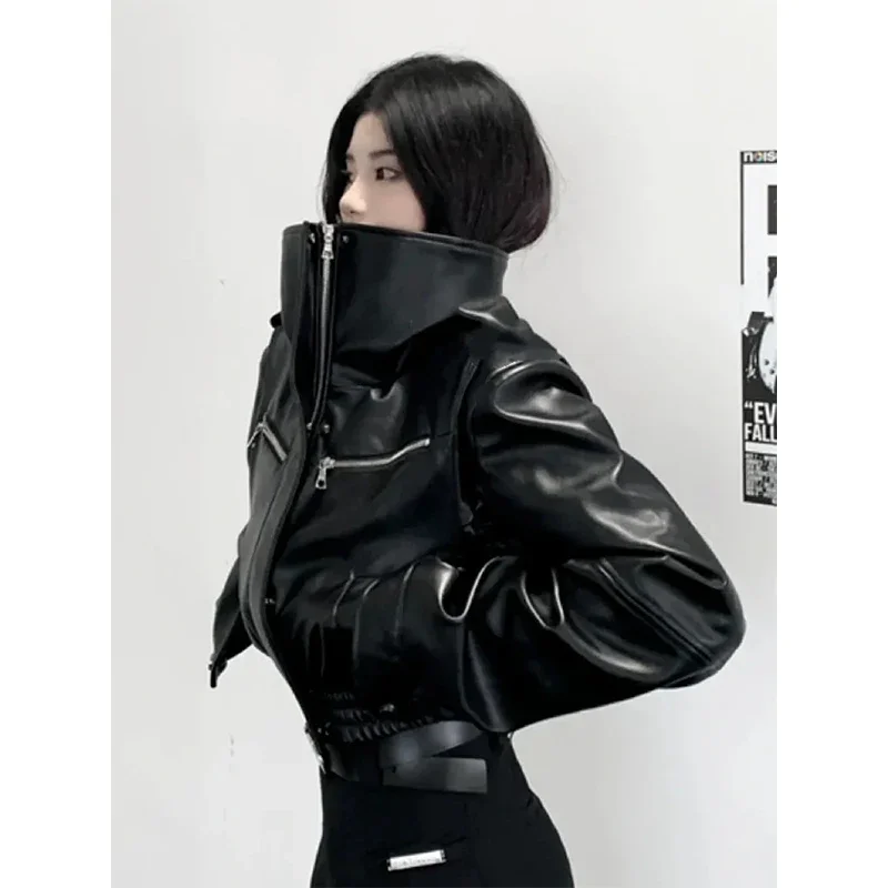 Cropped Pu Leather Jackets Women Black Motorcycle Short Coat Streetwear Vintage Korean Loose Casual All Match Outerwear