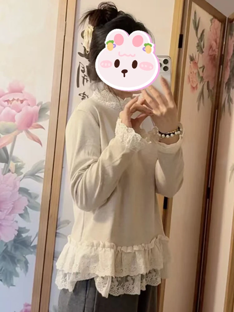 تي شيرت نسائي كوري بياقة عالية وتصميم دانتيل، فضفاض ونحيف، تصميم جديد للشتاء، مناسب للارتداء اليومي والكاجوال