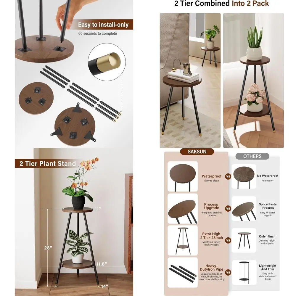 

Multi-Level Indoor Plant Stand: Adjustable Metal and Wood Holder for Tall or Small Plants - Versatile Side Table for Home and Ga