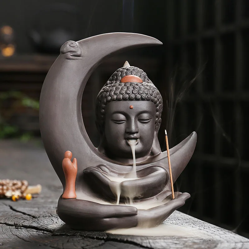 Purple Clay Moon Buddha Hand Backflow Incense Burner Creative Moon Buddha Head Sandalwood Smoke Backflow Decorative Incense Burn