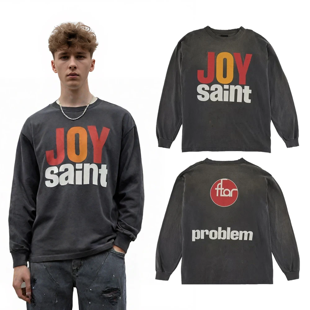 

Men's Clothing Street Wear Distressed Saint Printed Graphic T Shirts Street Style Retro Oversized Casual Cotton Long Sleeve Tees