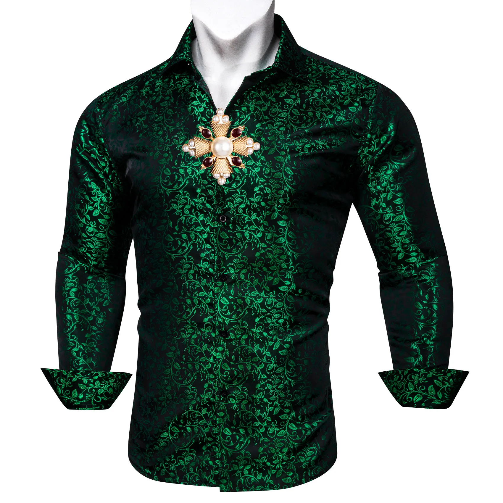 

Spring Autumn Men's Shirt Dark Green Tops Lapel Floral Novelty Long Sleeve Casual Fit Wedding Party Business Barry.Wang CY-649