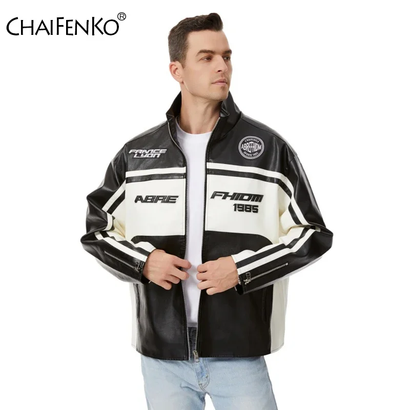 New Windproof Comfort Men Coat Spring Autumn Letter Fashion Casual Leather Jacket Outdoors Loose Simplicity Stand Collar Tops
