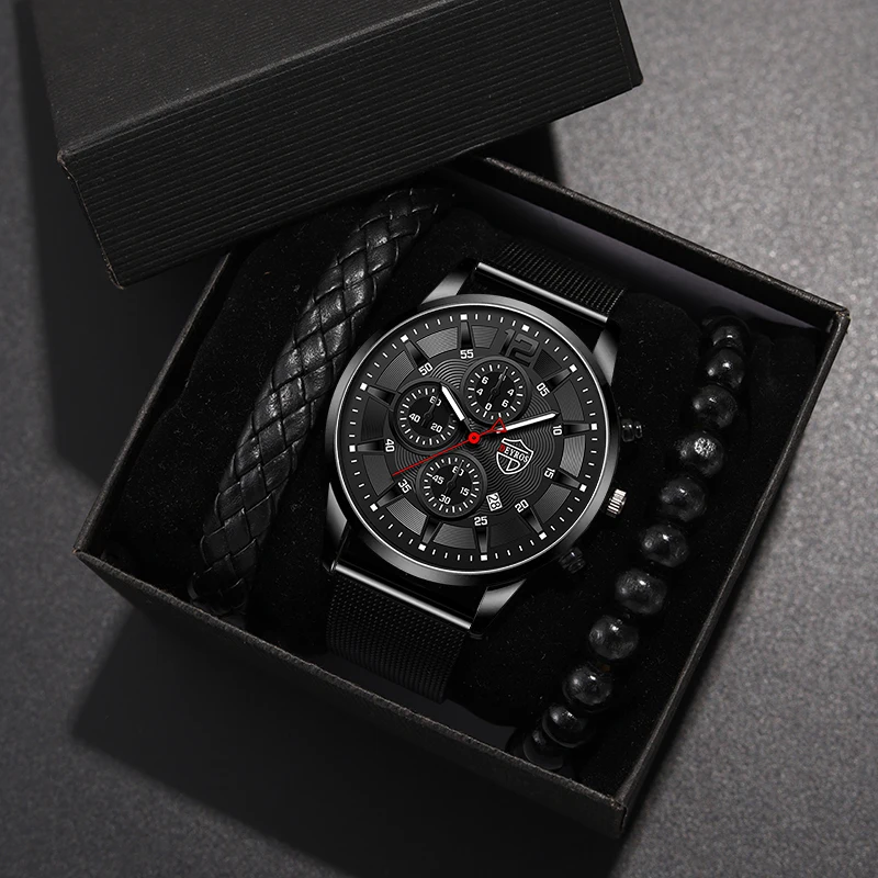 DEYROS Watches for Men Business Casual Stainless Steel Watches Fashion Mens Quartz Wristwatch Calendar Date Bracelet Set