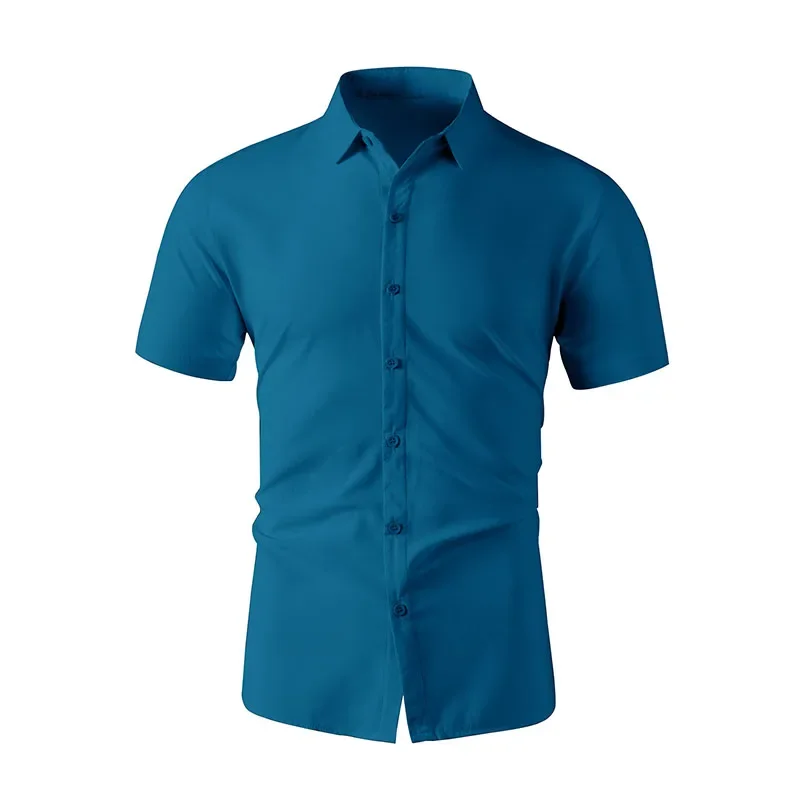 Nueva camisa informal de negocios de manga corta de Color sólido para hombre, moda de verano, sin planchar, Top cómodo y versátil
