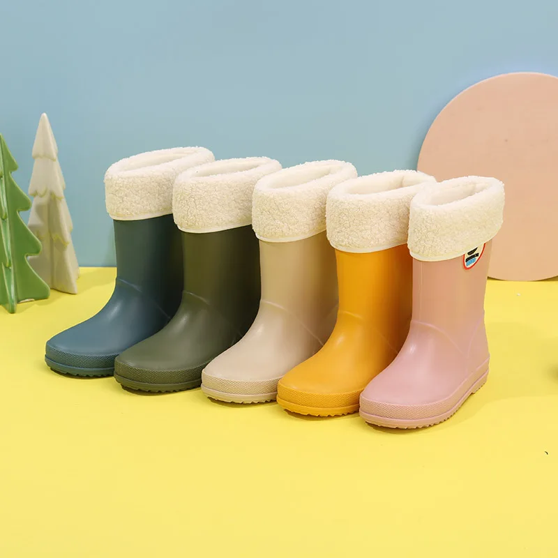 Children's Rain Shoes Winter Velvet Warm Solid Color Medium Tube Rain Boots Children's Kindergarten School Rubber Shoes