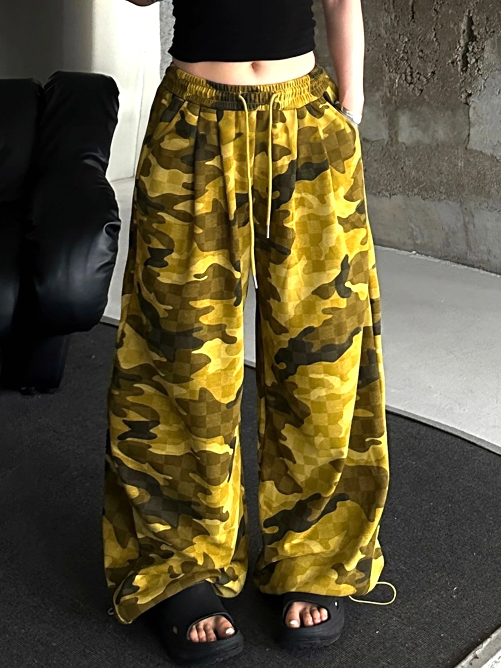 

Новые женские свободные брюки-палаццо с широкими штанинами на резинке для уличных танцев, повседневные брюки-харланы, камуфляжные брюки