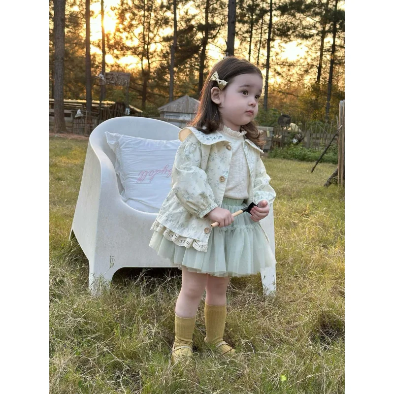 

Girls Children's Suit2025Spring New Girls' Floral Jacket Baby Base Shirt Mesh Short Skirt