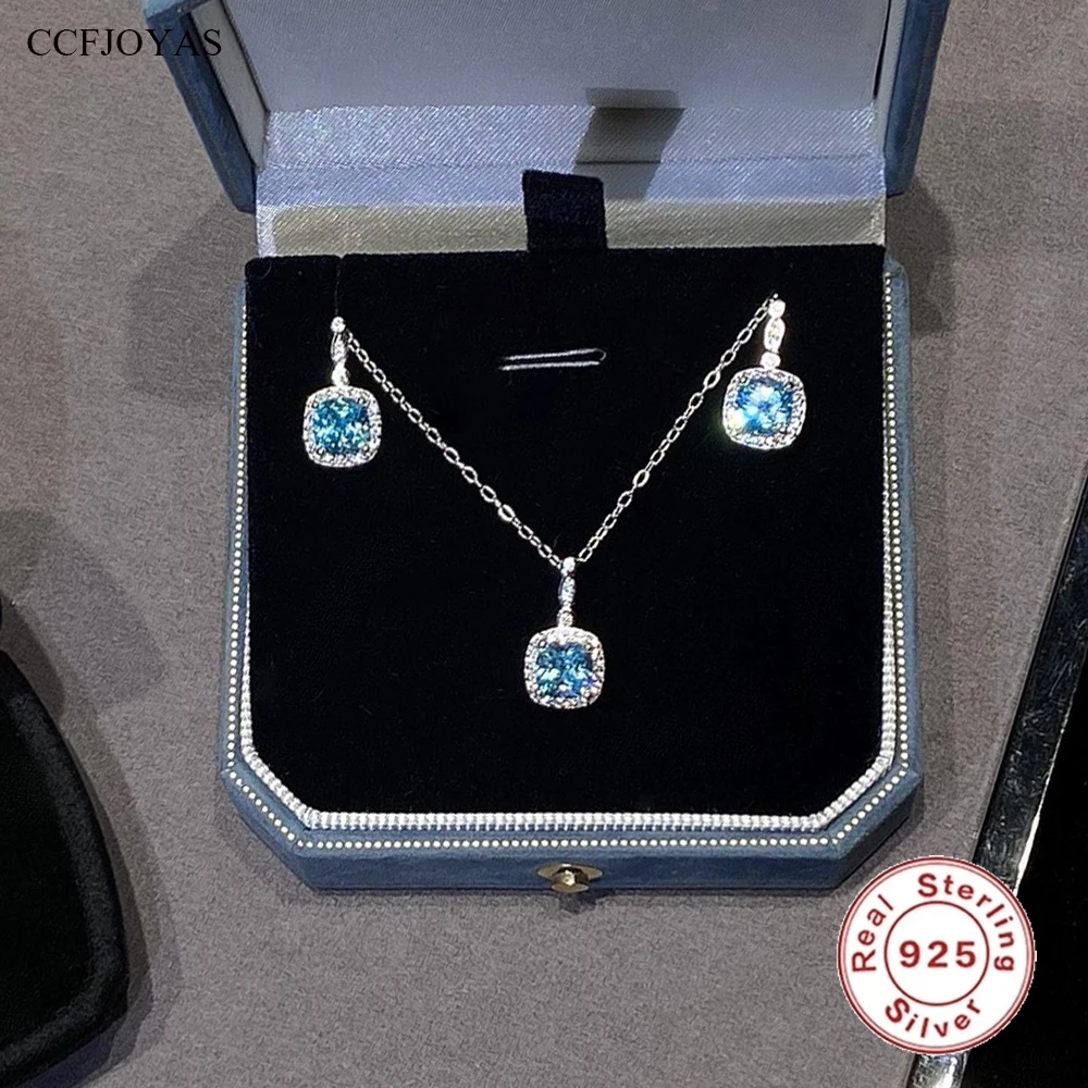 CCFJOYAS 925 Sterling Silver Super Flash Square Mint blue Zircon Earrings/Necklace Set for Women Engagement Wedding Jewelry Set