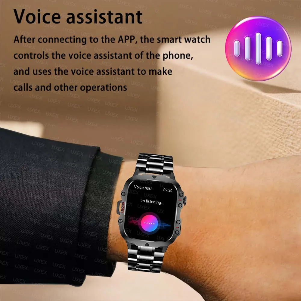 الرجال مصباح يدوي Smartwatches 1.96 HD مكالمة لاسلكية الصحة المقتفي مخصص صور صوت مساعد هدية الكريسماس البارون ساعة رياضية