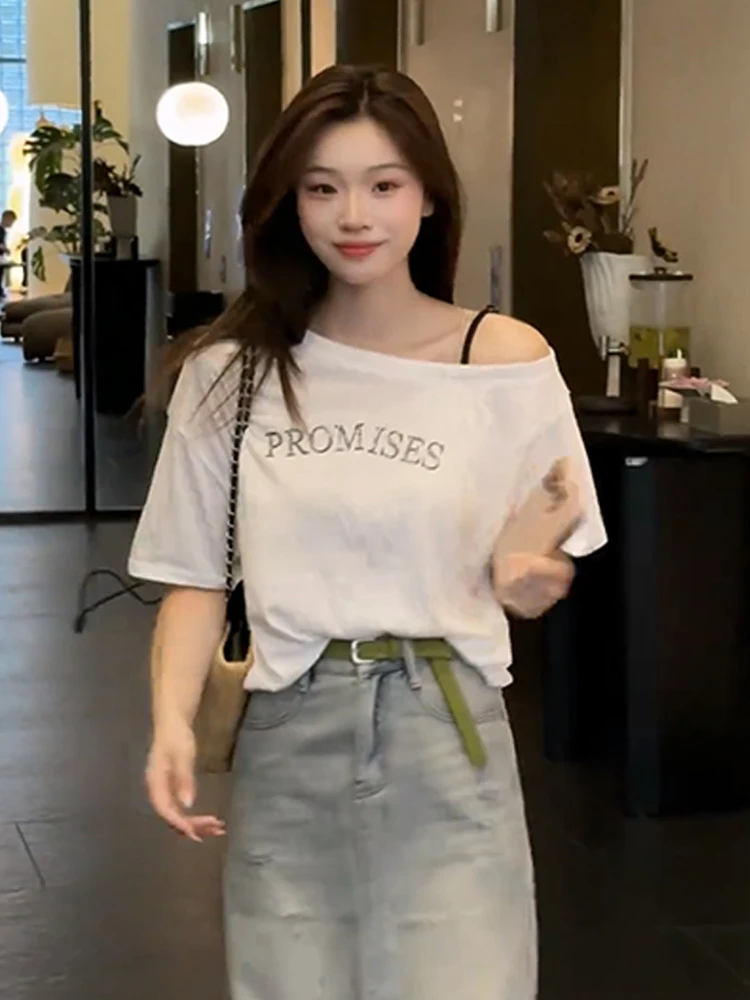 

Asymmetric Shoulder Bared Short Sleeve T Shirt Women's Summer Casual Cotton Polyester Blend Comfortable Breathable Print Top