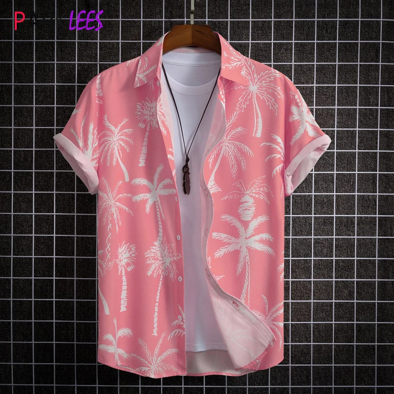 Pink Coconut Tree Print Mens Hawaiian Shirt Short Sleeve Quick Dry Tropical Aloha Shirt Casual Party Vacation Beach Wear Shirt