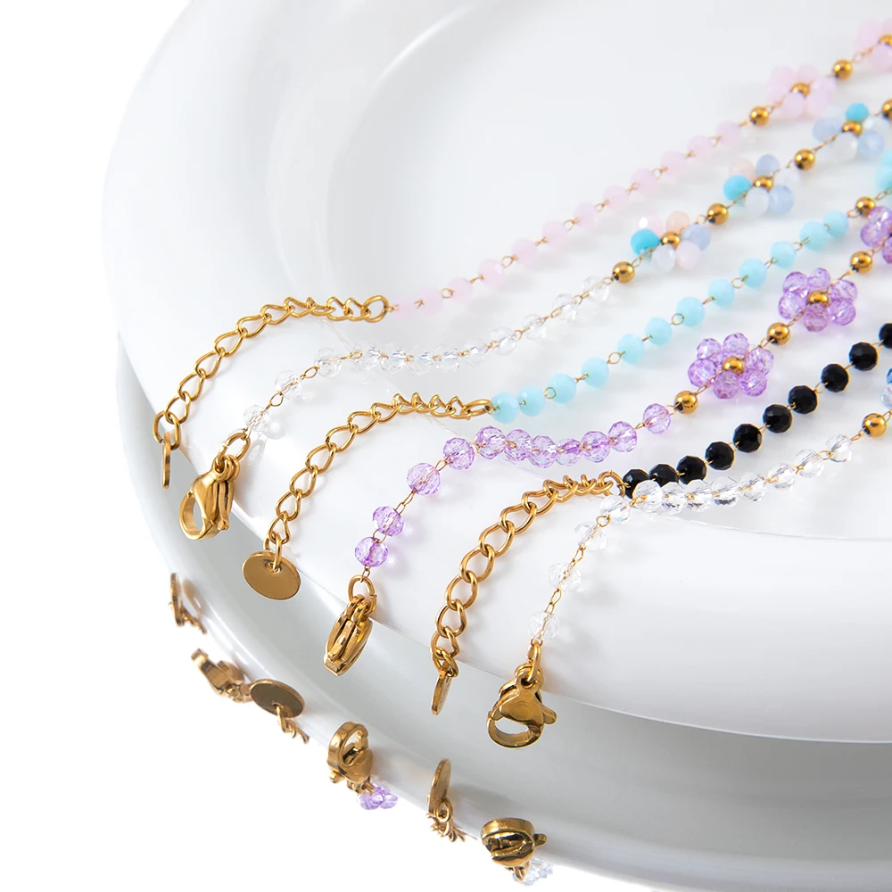 1pcs Stainless Steel Crystal Flower Beaded Chains Lobster Clasps Braid Bracelet Necklace for Women DIY Jewelry Making Wholesale