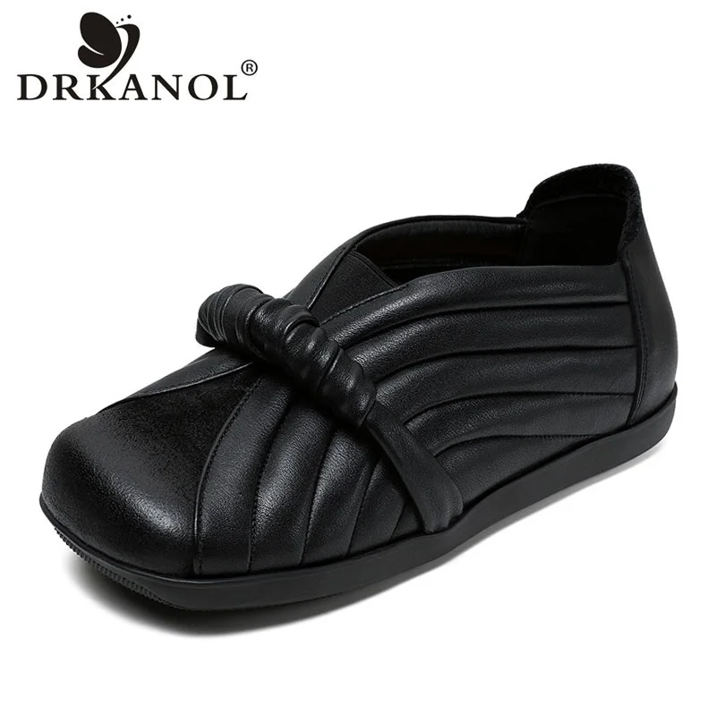 DRKANOL 2024 Handmade Retro Loafers Women Slip On Genuine Leather Flat Shoes Autumn Square Toe National Style Comfort Lazy Shoes